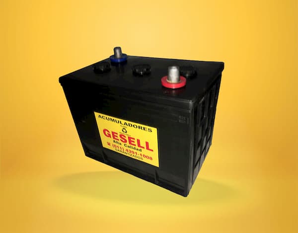 Batería Gesell de 6 volts x 150 amp sobre fondo amarillo.